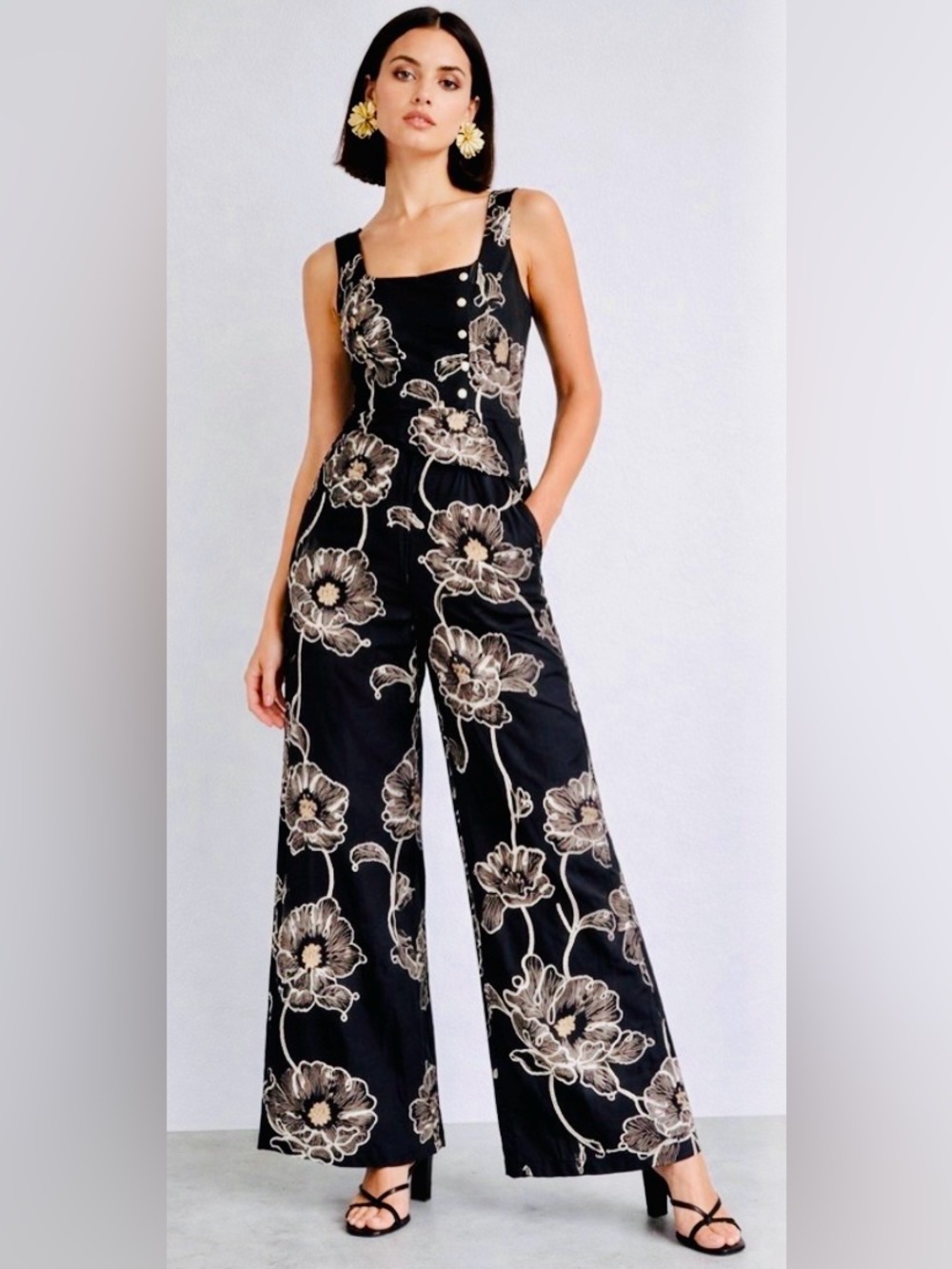Zara  Embroided Floral Square-Neck Black Wide-Leg Jumpsuit